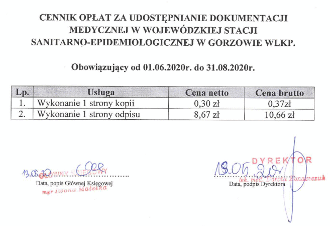 cennik dokumentacji medycznej za 1 stronę : odpis 10.66 zł kopia 0.37 zł