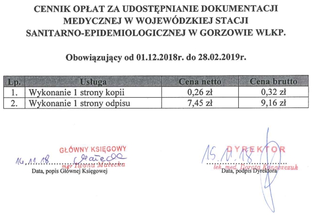 cennik dokumentacji medycznej za 1 stronę : odpis 9.16 zł kopia 0.32 zł