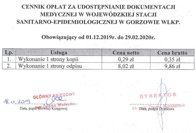 cennik dokumentacji medycznej za 1 stronę : odpis 9.86 zł kopia 0.35 zł