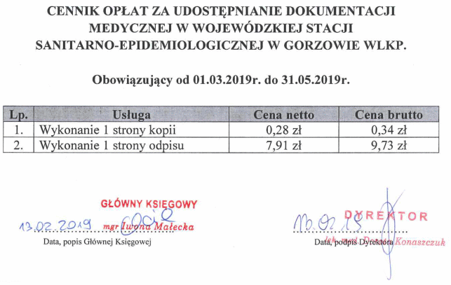 cennik dokumentacji medycznej za 1 stronę : odpis 9.73 zł kopia 0.34 zł