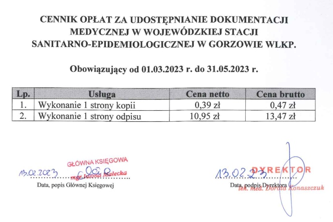 cennik dokumentacji medycznej za 1 stronę : odpis 13.47 zł kopia 0.47 zł