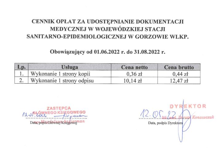 cennik dokumentacji medycznej za 1 stronę : odpis 12.47 zł kopia 0.44 zł