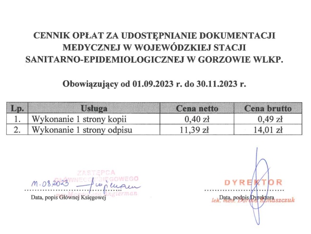 cennik dokumentacji medycznej za 1 stronę : odpis 14.01 zł kopia 0.49 zł