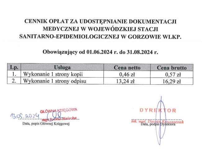 cennik dokumentacji medycznej za 1 stronę : odpis 16.29 zł kopia 0.57 zł