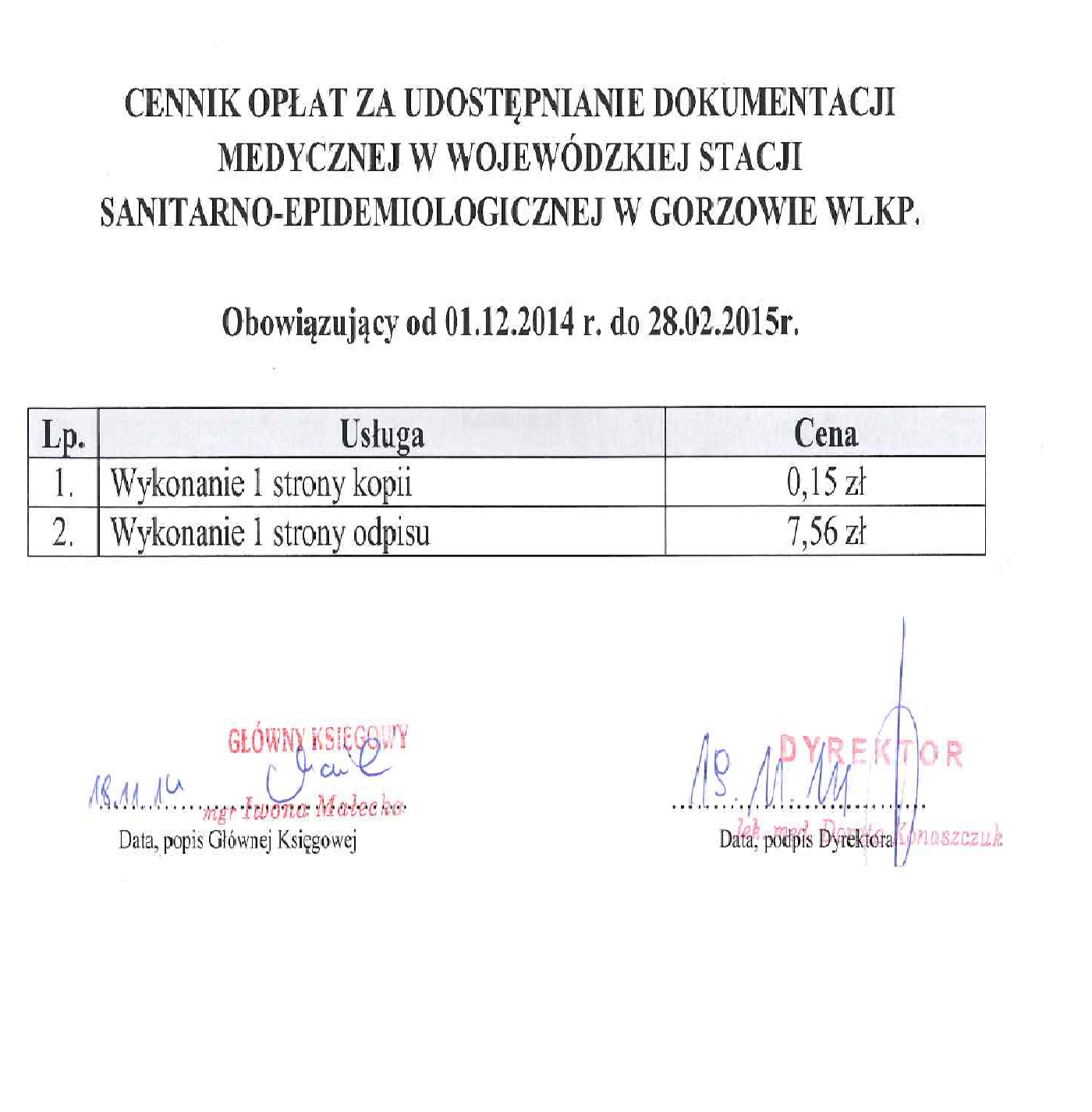 Cennik usług medycznych WSSE Cennik usług medycznych WSSE